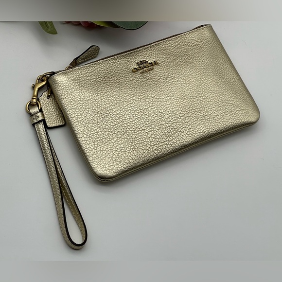 Coach Gold Metallic Pebbled Leather Wristlet - Picture 7 of 15